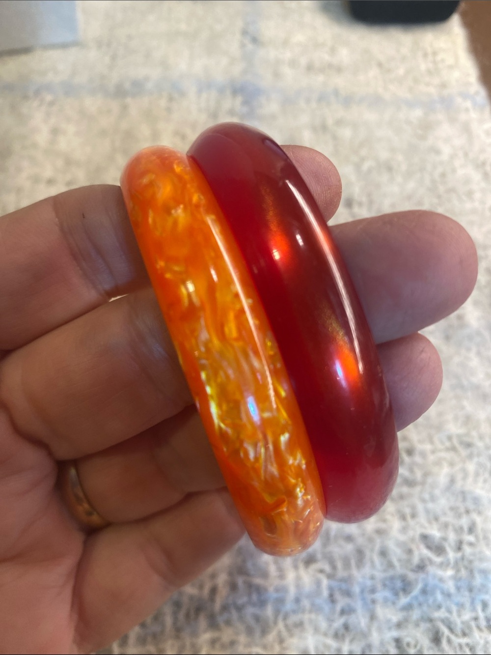 Vintage Lucite Bangle Bracelet Set Red & Marbled Orange Retro Resin